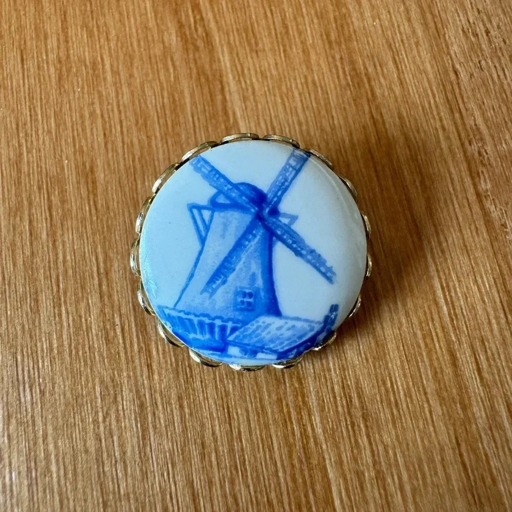 Vintage Dutch Delft Blue Ceramic Windmill Pin Sterling Silver Holland Brooch 1